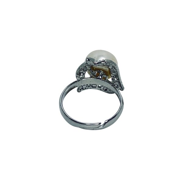 Silver Tone Adjustable Ring With Faux Pearl & Rhinestone Accent (R439) - Picture 7 of 8
